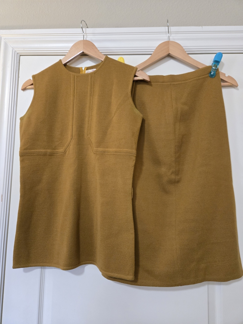 Vintage Cadillac Tailored Top And Pencil Skirt in Mustard 100% Virgin Wool Italy